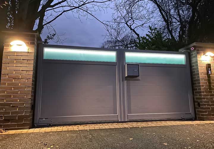 Led glass bar infill Anthracite grey swing driveway electric gate